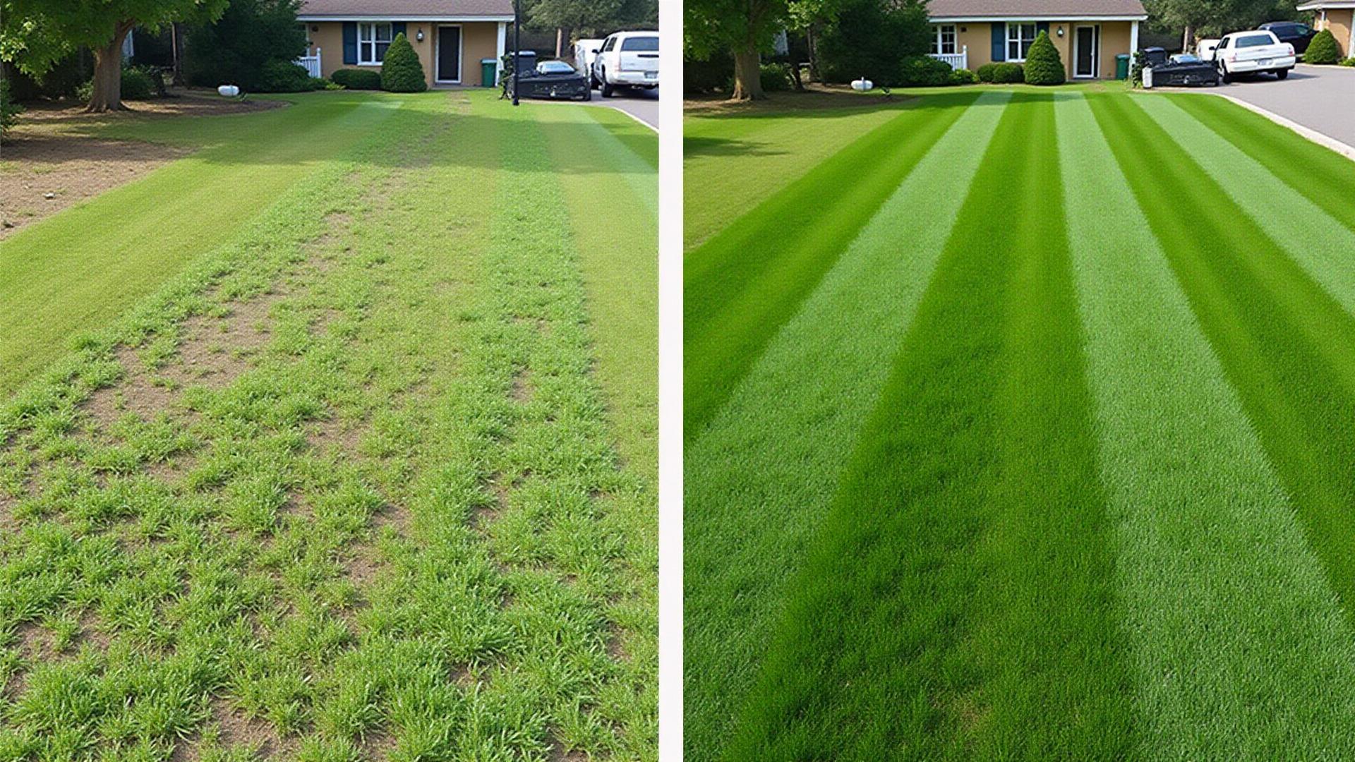 Before and after lawn transformation showing dramatic improvement from patchy grass to professional striped lawn